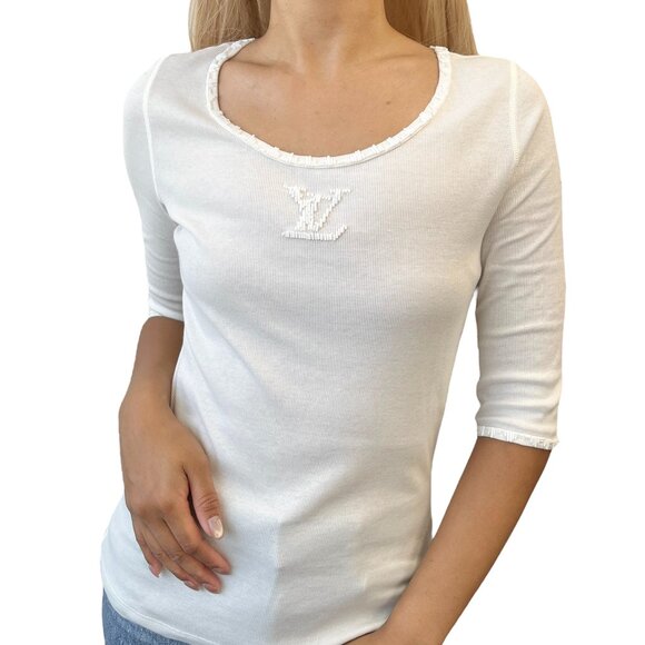 LOUIS VUITTON Vintage LV Logo Beads Knit T-shirt Top #L Cream [106479] - Picture 1 of 12